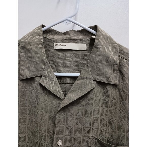 Perry Ellis Mens Hawaiian Shirt Large Olive Green Textured Silk Button Up Resort - Picture 3 of 8